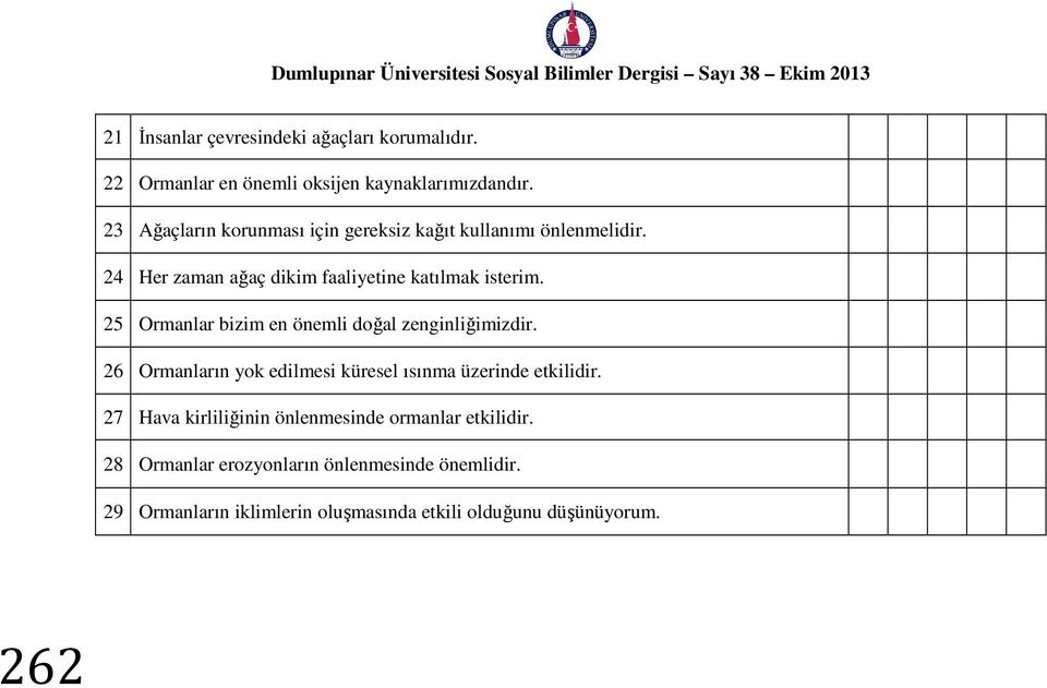 25 Ormanlar bizim en önemli doğal zenginliğimizdir. 26 Ormanların yok edilmesi küresel ısınma üzerinde etkilidir.