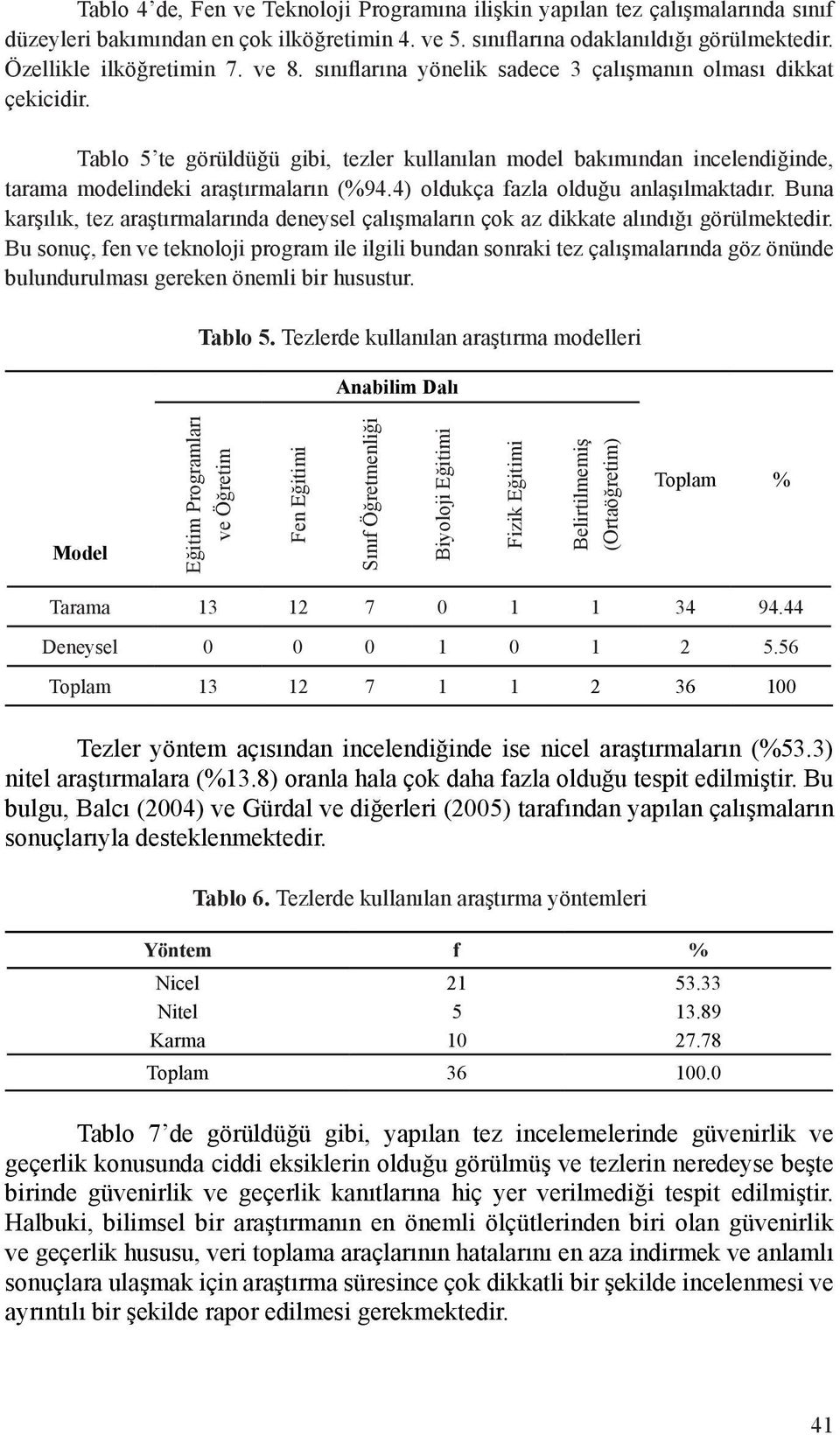 4) oldukça fazla olduğu anlaşılmaktadır. Buna karşılık, tez araştırmalarında deneysel çalışmaların çok az dikkate alındığı görülmektedir.