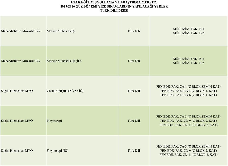 KAT) FEN EDE. FAK. CD-6 (C BLOK 1. KAT) Sağlık Hizmetleri MYO Fizyoterapi Türk Dili FEN EDE. FAK. CA-3 (C BLOK ZEMİN KAT) FEN EDE. FAK. CD-9 (C BLOK 2. KAT) FEN EDE. FAK. CD-11 (C BLOK 2.