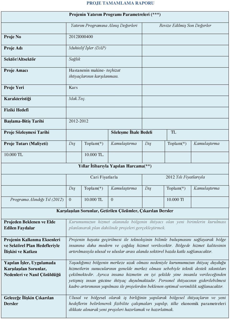 Başlama-Bitiş Tarihi 2012-2012 50. Proje Sözleşmesi Tarihi 51. 52. Sözleşme İhale Bedeli TL 53. Proje Tutarı (Maliyeti) Dış Toplam(*) Kamulaştırma Dış Toplam(*) Kamulaştırma 54. 10.000 TL 