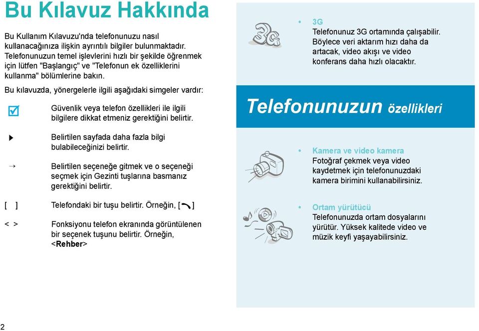 Bu kılavuzda, yönergelerle ilgili aşağıdaki simgeler vardır: Güvenlik veya telefon özellikleri ile ilgili bilgilere dikkat etmeniz gerektiğini belirtir. 3G Telefonunuz 3G ortamında çalışabilir.