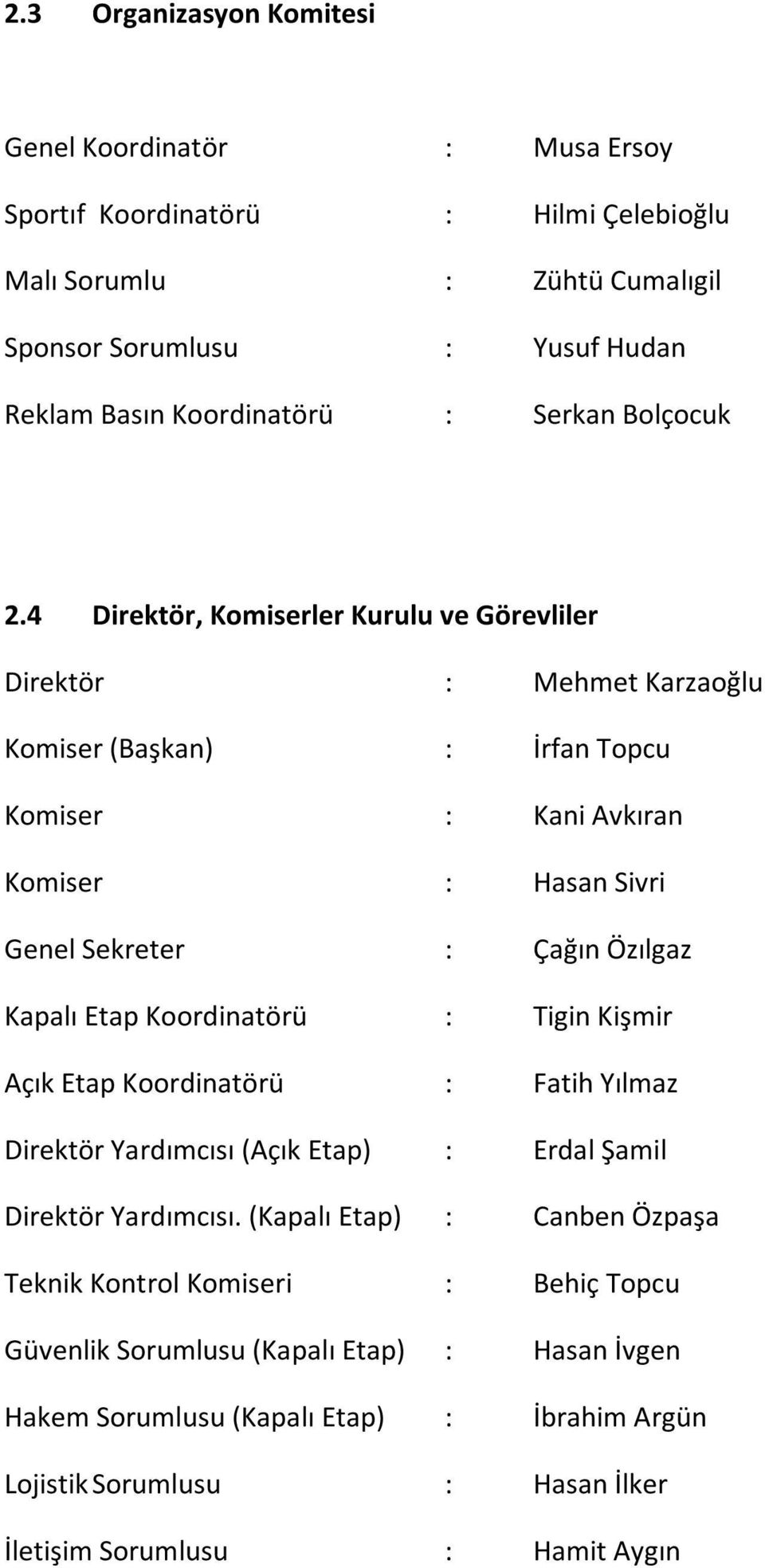 4 Direktör, Komiserler Kurulu ve Görevliler Direktör : Mehmet Karzaoğlu Komiser (Başkan) : İrfan Topcu Komiser : Kani Avkıran Komiser : Hasan Sivri Genel Sekreter : Çağın Özılgaz Kapalı