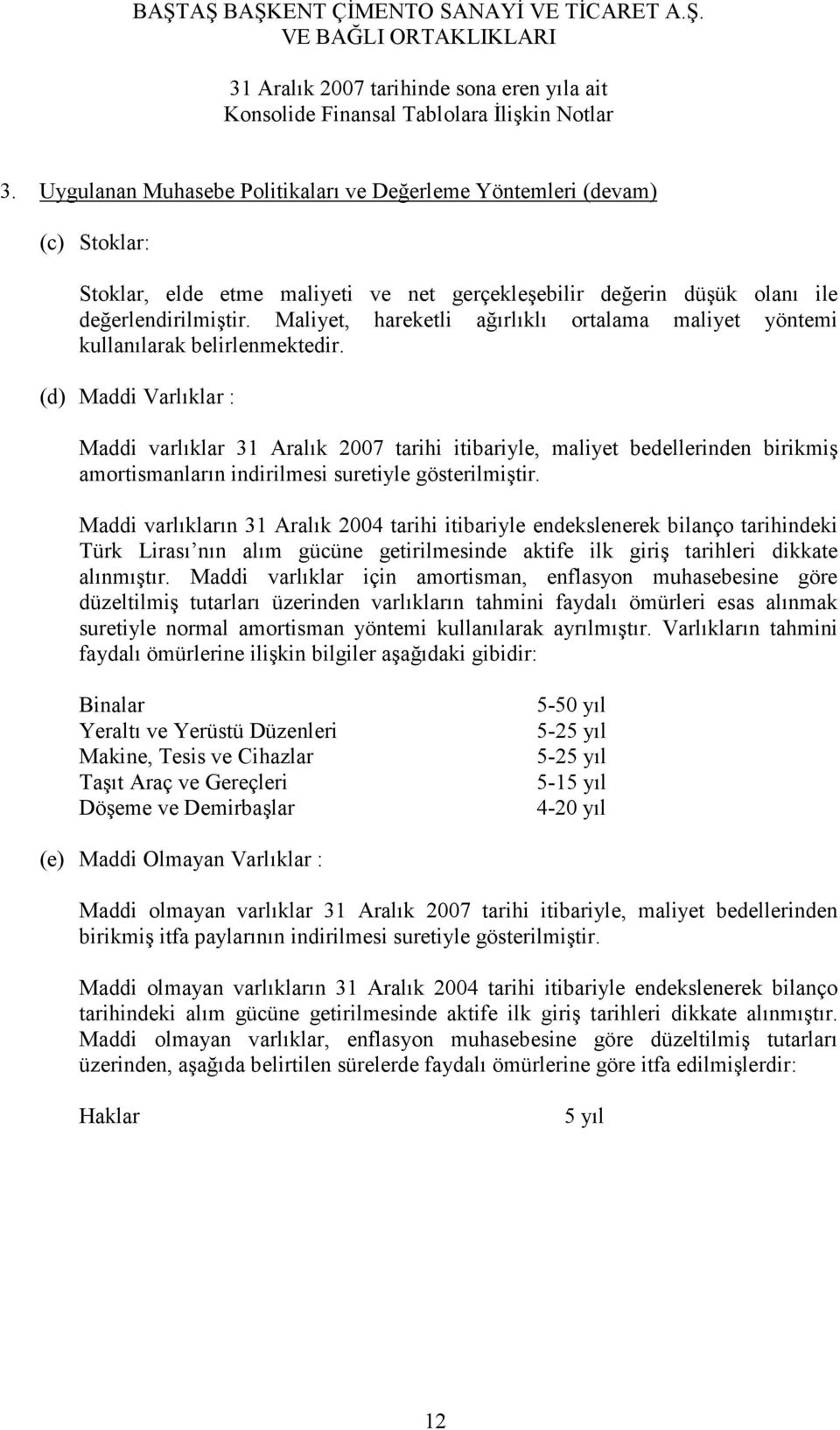 (d) Maddi Varlıklar : Maddi varlıklar 31 Aralık 2007 tarihi itibariyle, maliyet bedellerinden birikmiş amortismanların indirilmesi suretiyle gösterilmiştir.