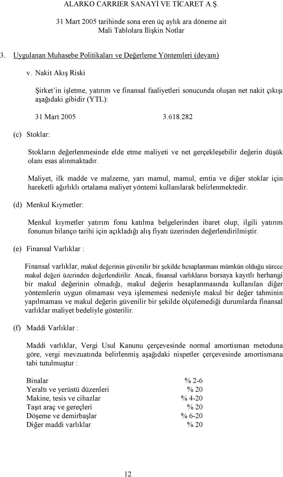 282 Stokların değerlenmesinde elde etme maliyeti ve net gerçekleşebilir değerin düşük olanı esas alınmaktadır.