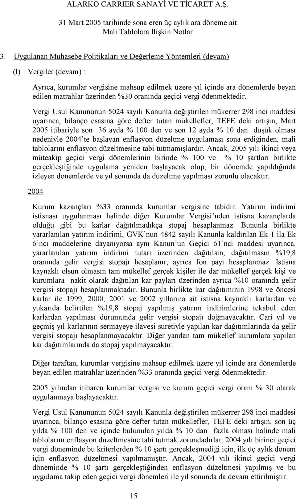 Vergi Usul Kanununun 5024 sayılı Kanunla değiştirilen mükerrer 298 inci maddesi uyarınca, bilanço esasına göre defter tutan mükellefler, TEFE deki artışın, Mart 2005 itibariyle son 36 ayda % 100 den