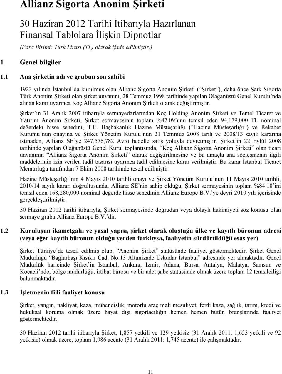 1998 tarihinde yapılan Olağanüstü Genel Kurulu nda alınan karar uyarınca Koç Allianz Sigorta Anonim Şirketi olarak değiştirmiştir.