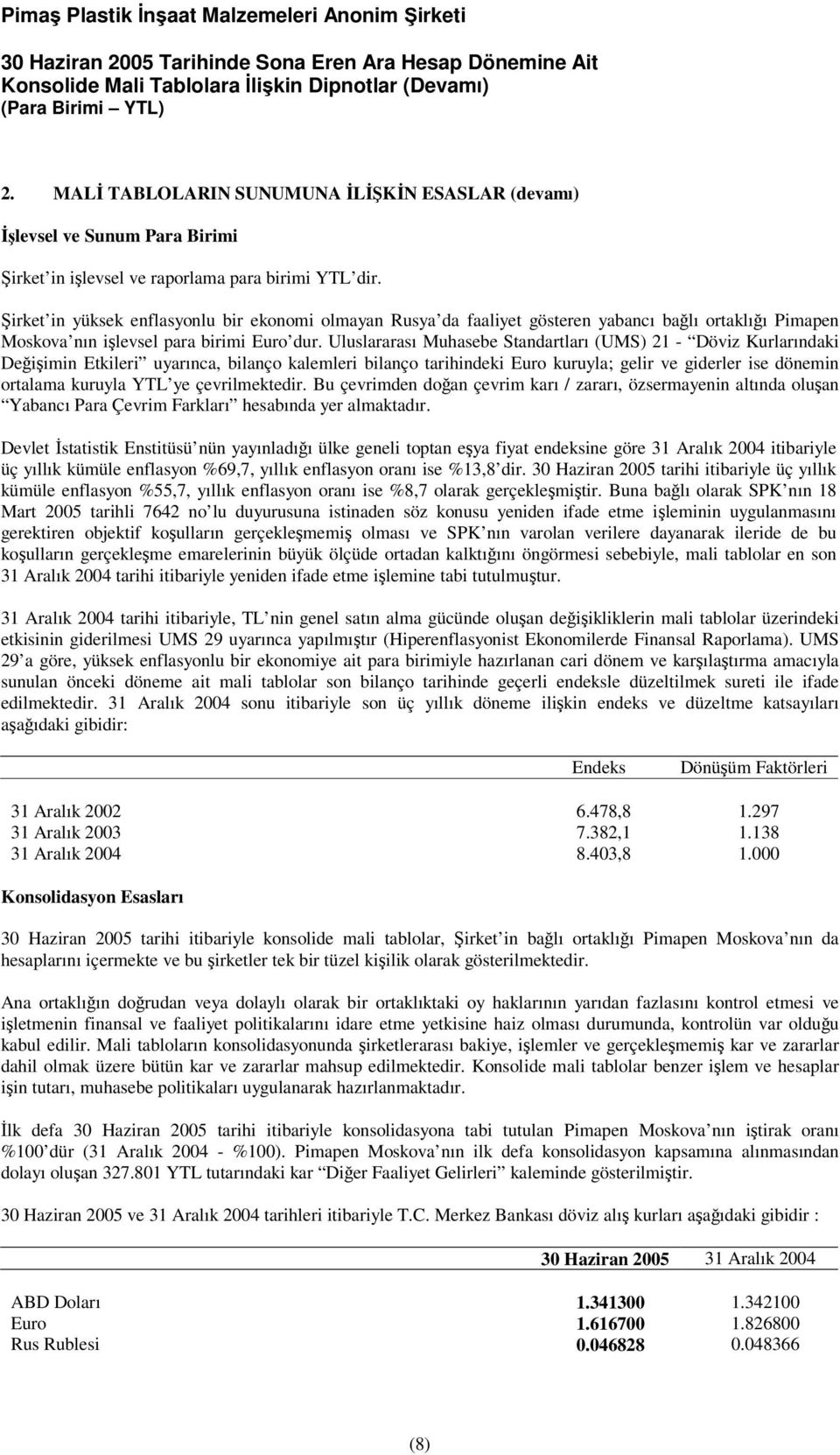 Uluslararası Muhasebe Standartları (UMS) 21 - Döviz Kurlarındaki Deiimin Etkileri uyarınca, bilanço kalemleri bilanço tarihindeki Euro kuruyla; gelir ve giderler ise dönemin ortalama kuruyla YTL ye