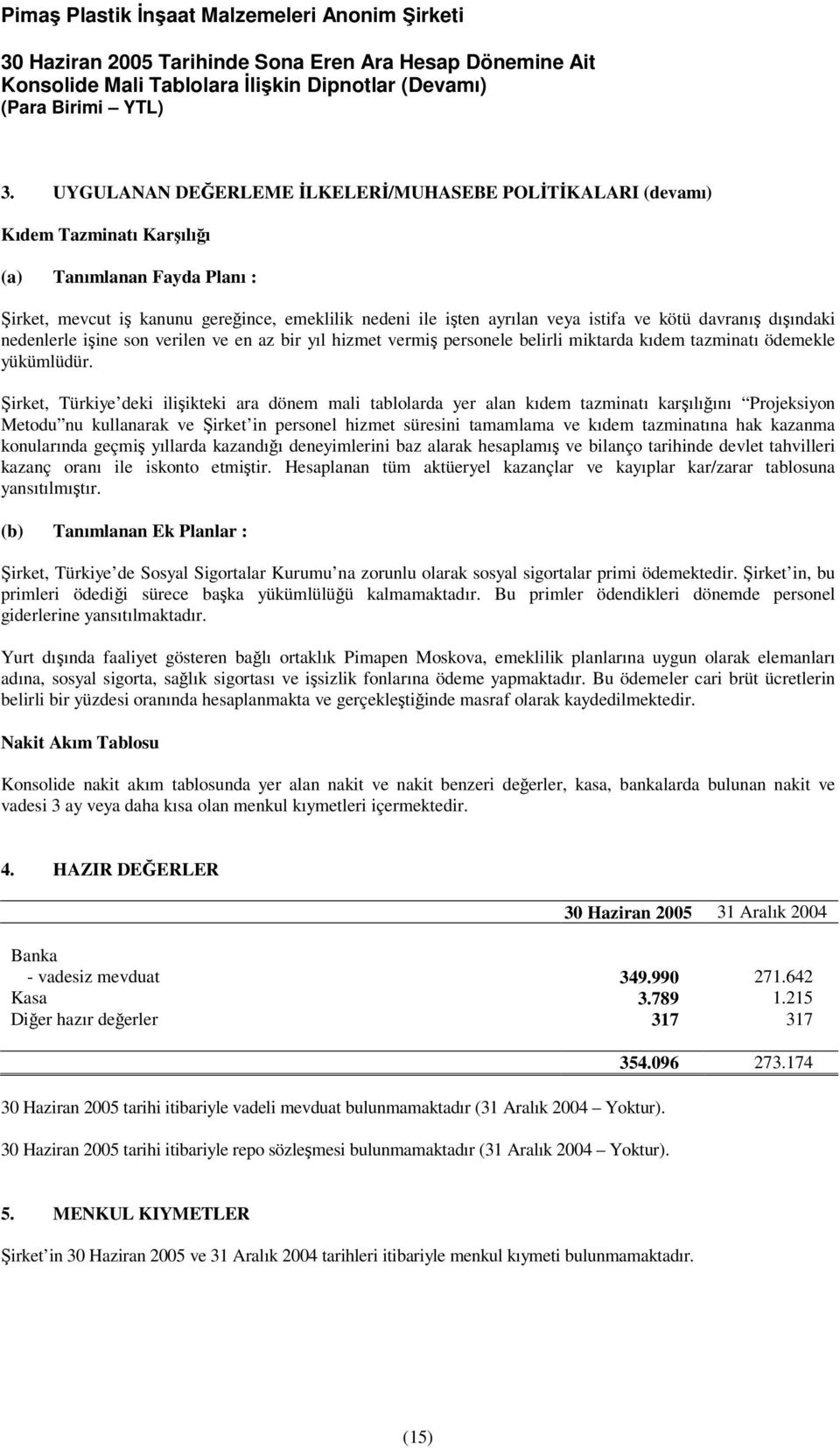 irket, Türkiye deki iliikteki ara dönem mali tablolarda yer alan kıdem tazminatı karılıını Projeksiyon Metodu nu kullanarak ve irket in personel hizmet süresini tamamlama ve kıdem tazminatına hak