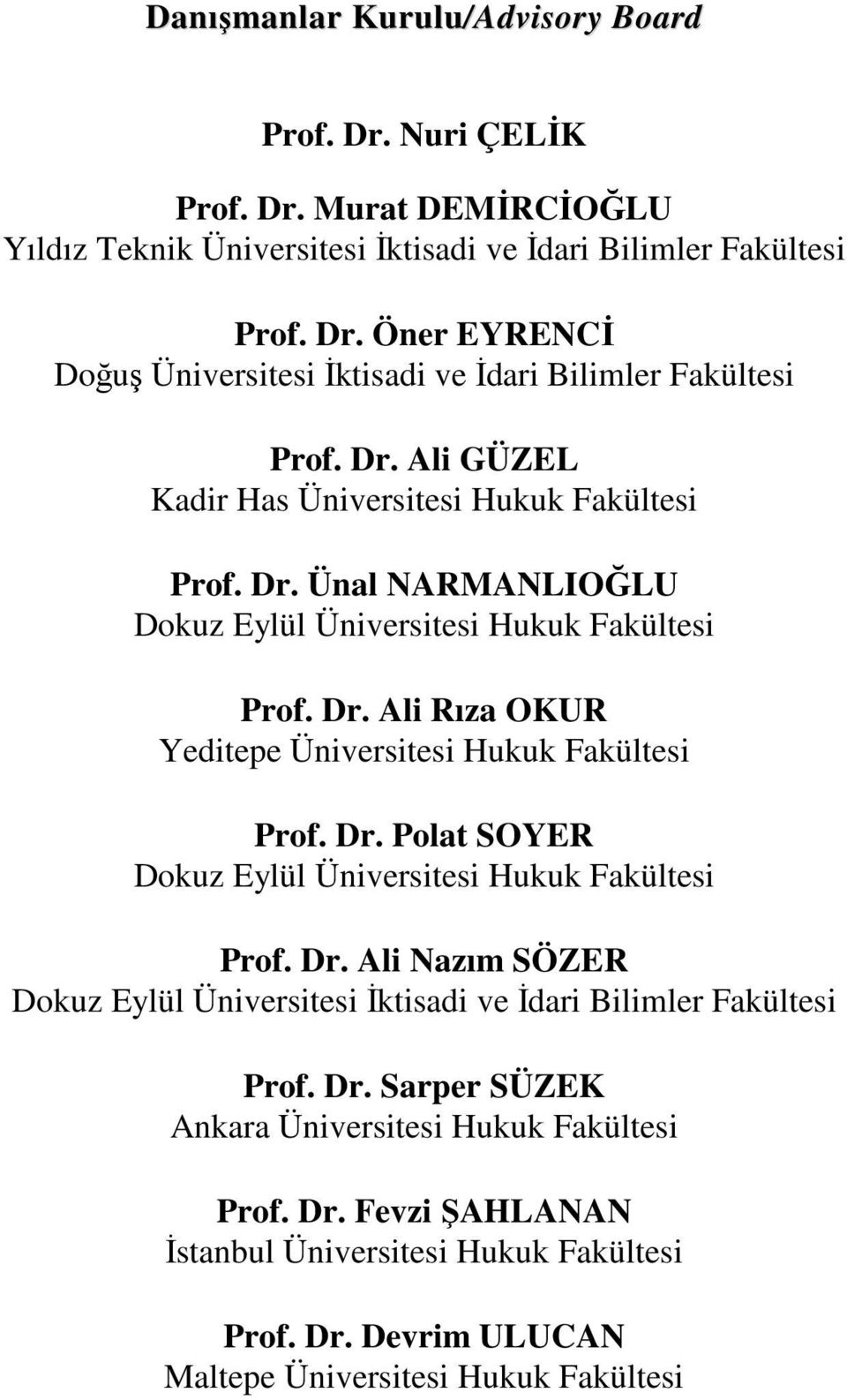 Dr. Polat SOYER Dokuz Eylül Üniversitesi Hukuk Fakültesi Prof. Dr. Ali Nazım SÖZER Dokuz Eylül Üniversitesi İktisadi ve İdari Bilimler Fakültesi Prof. Dr. Sarper SÜZEK Ankara Üniversitesi Hukuk Fakültesi Prof.