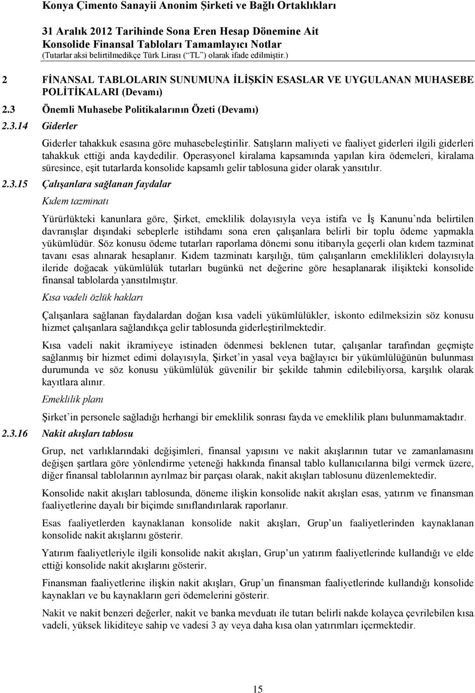 Operasyonel kiralama kapsamında yapılan kira ödemeleri, kiralama süresince, eşit tutarlarda konsolide kapsamlı gelir tablosuna gider olarak yansıtılır. 2.3.