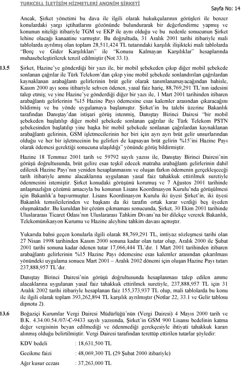 Bu doğrultuda, 31 Aralık 2001 tarihi itibariyle mali tablolarda ayrılmış olan toplam 28,511,424 TL tutarındaki karşılık ilişikteki mali tablolarda Borç ve Gider Karşılıkları ile Konusu Kalmayan