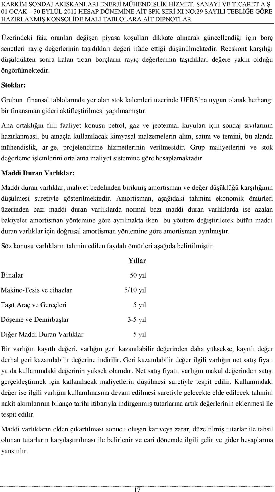 Stoklar: Grubun finansal tablolarında yer alan stok kalemleri üzerinde UFRS na uygun olarak herhangi bir finansman gideri aktifleştirilmesi yapılmamıştır.