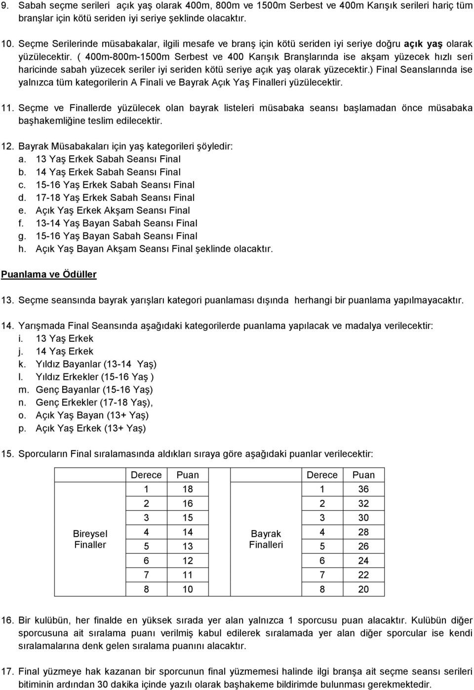 ( 400m-800m-1500m Serbest ve 400 Karışık Branşlarında ise akşam yüzecek hızlı seri haricinde sabah yüzecek seriler iyi seriden kötü seriye açık yaş olarak yüzecektir.