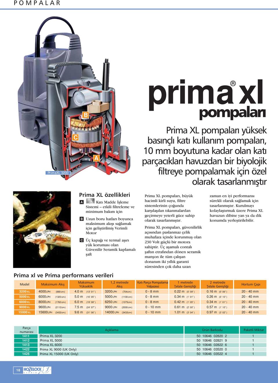 Prima XL pompaları yüksek basınçlı katı kullanım pompaları, 10 mm boyutuna kadar olan katı parçacıkları havuzdan bir biyolojik filtreye pompalamak için özel olarak tasarlanmı tır Prima XL pompaları,