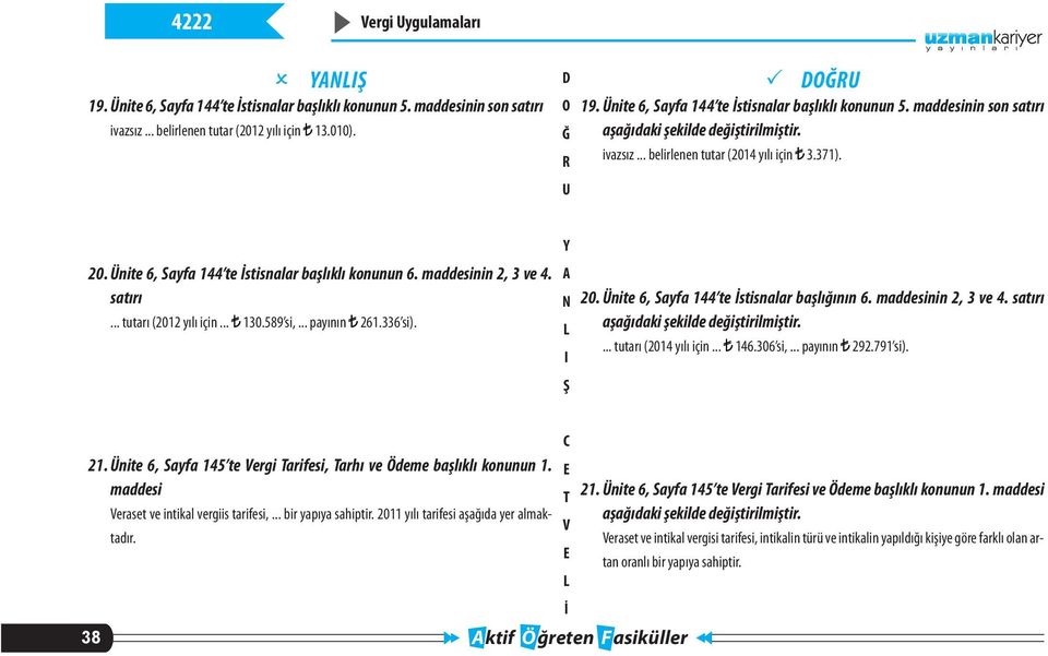 maddesinin 2, 3 ve 4. satırı aşağıdaki şekilde... tutarı (2014 yılı için... 146.306 si,... payının 292.791 si). 21. Ünite 6, Sayfa 145 te ergi arifesi, arhı ve Ödeme başlıklı konunun 1.