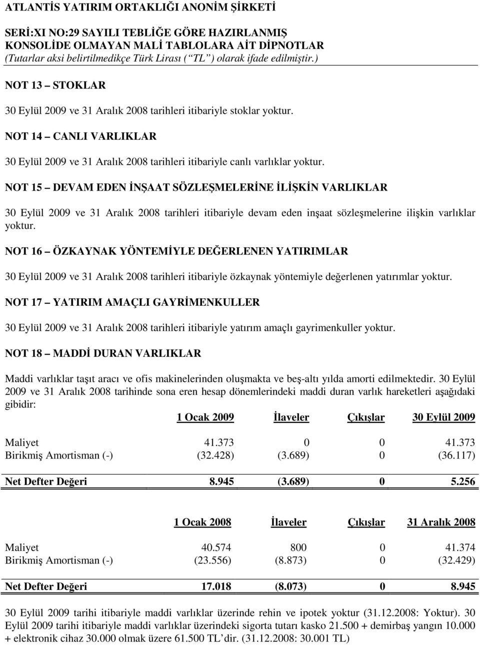 NOT 16 ÖZKAYNAK YÖNTEMYLE DEERLENEN YATIRIMLAR 30 Eylül 2009 ve 31 Aralık 2008 tarihleri itibariyle özkaynak yöntemiyle deerlenen yatırımlar yoktur.