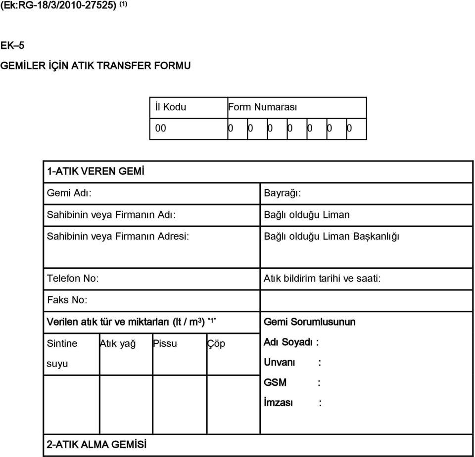 Bağlı olduğu Liman Başkanlığı Telefon No: Atık bildirim tarihi ve saati: Faks No: Verilen atık tür ve miktarları