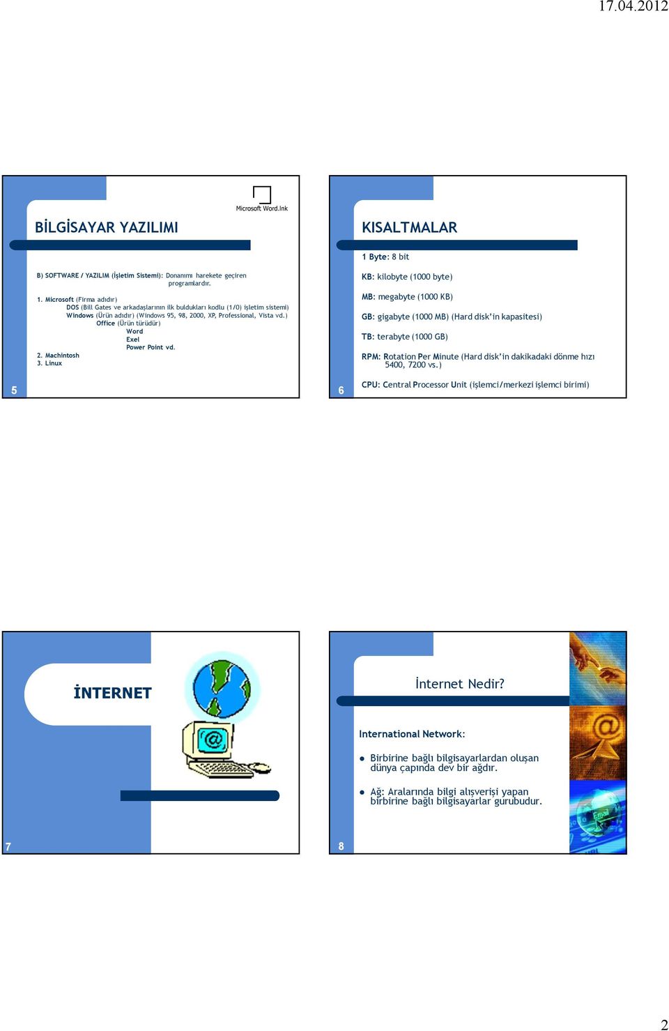 Microsoft (Firma adıdır) DOS (Bill Gates ve arkadaşlarının ilk buldukları kodlu (1/0) işletim sistemi) Windows (Ürün adıdır) (Windows 95, 98, 2000, XP, Professional, Vista vd.