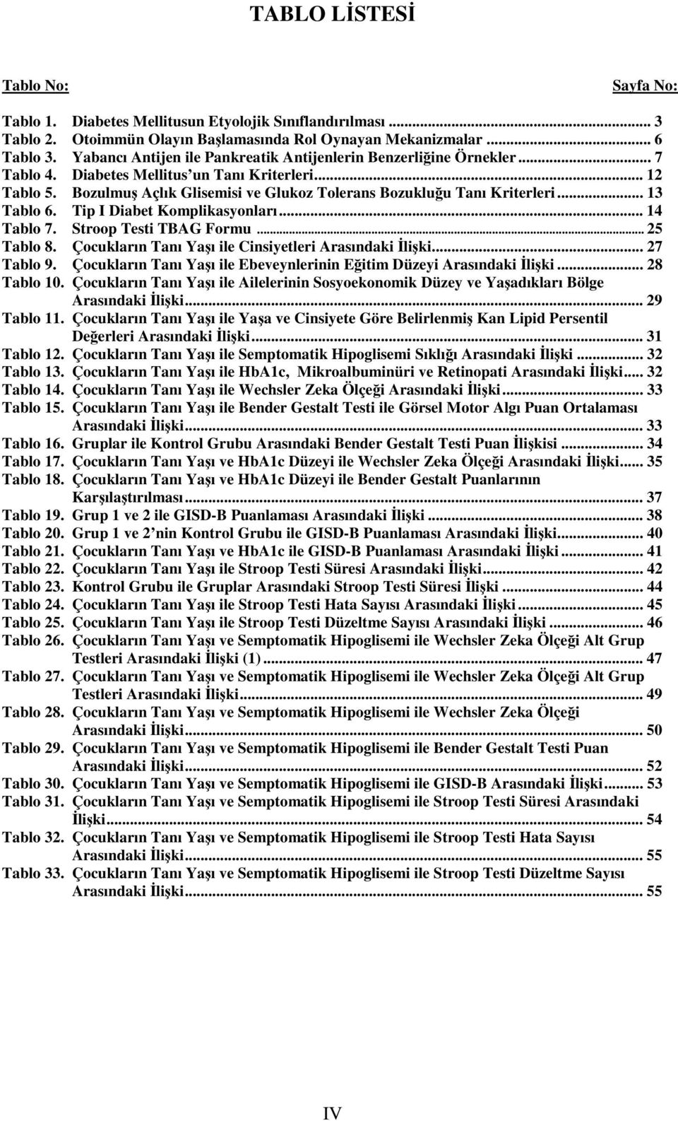 Bozulmuş Açlık Glisemisi ve Glukoz Tolerans Bozukluğu Tanı Kriterleri... 13 Tablo 6. Tip I Diabet Komplikasyonları... 14 Tablo 7. Stroop Testi TBAG Formu... 25 Tablo 8.