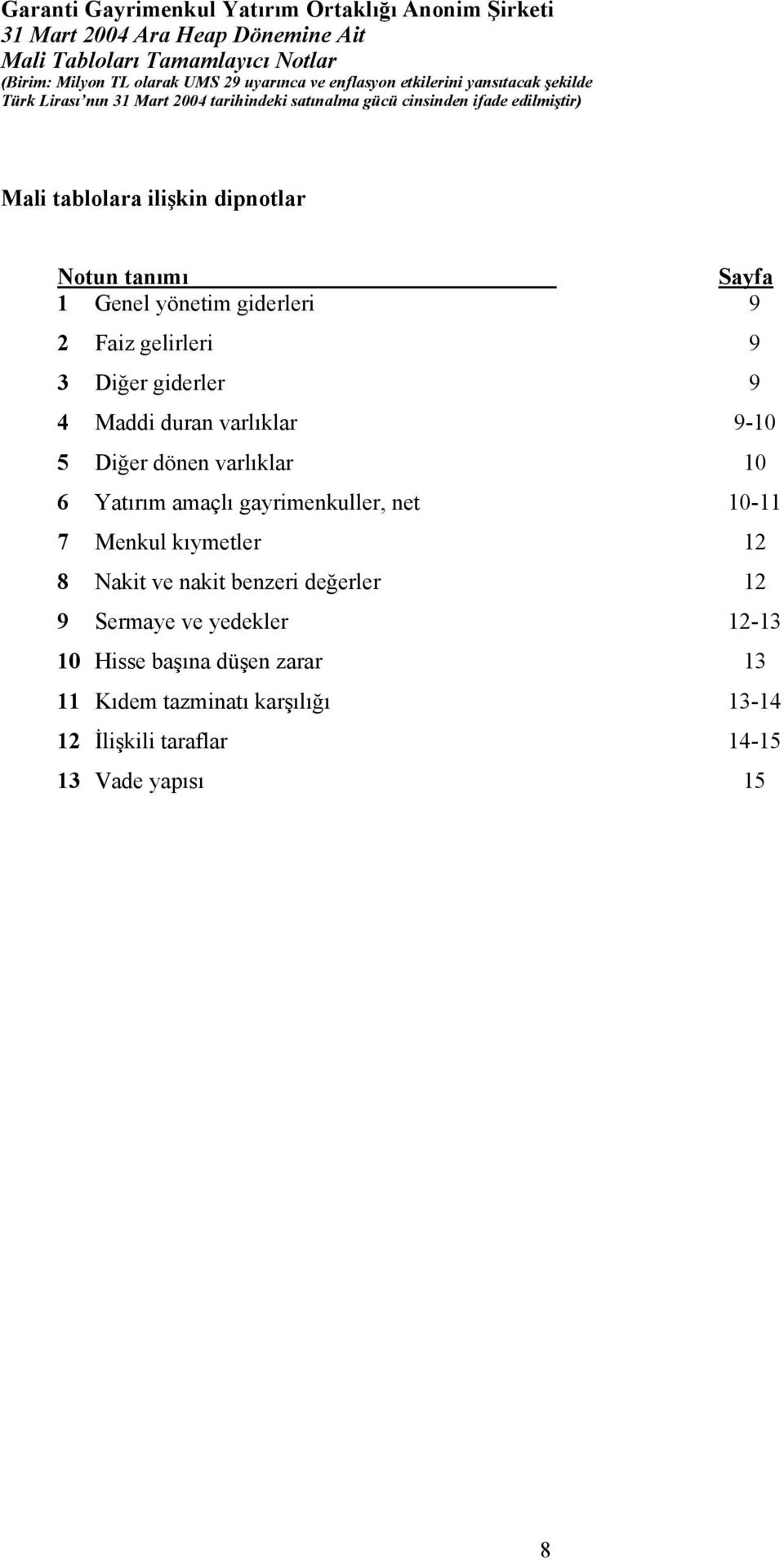 gayrimenkuller, net 10-11 7 Menkul kıymetler 12 8 Nakit ve nakit benzeri değerler 12 9 Sermaye ve