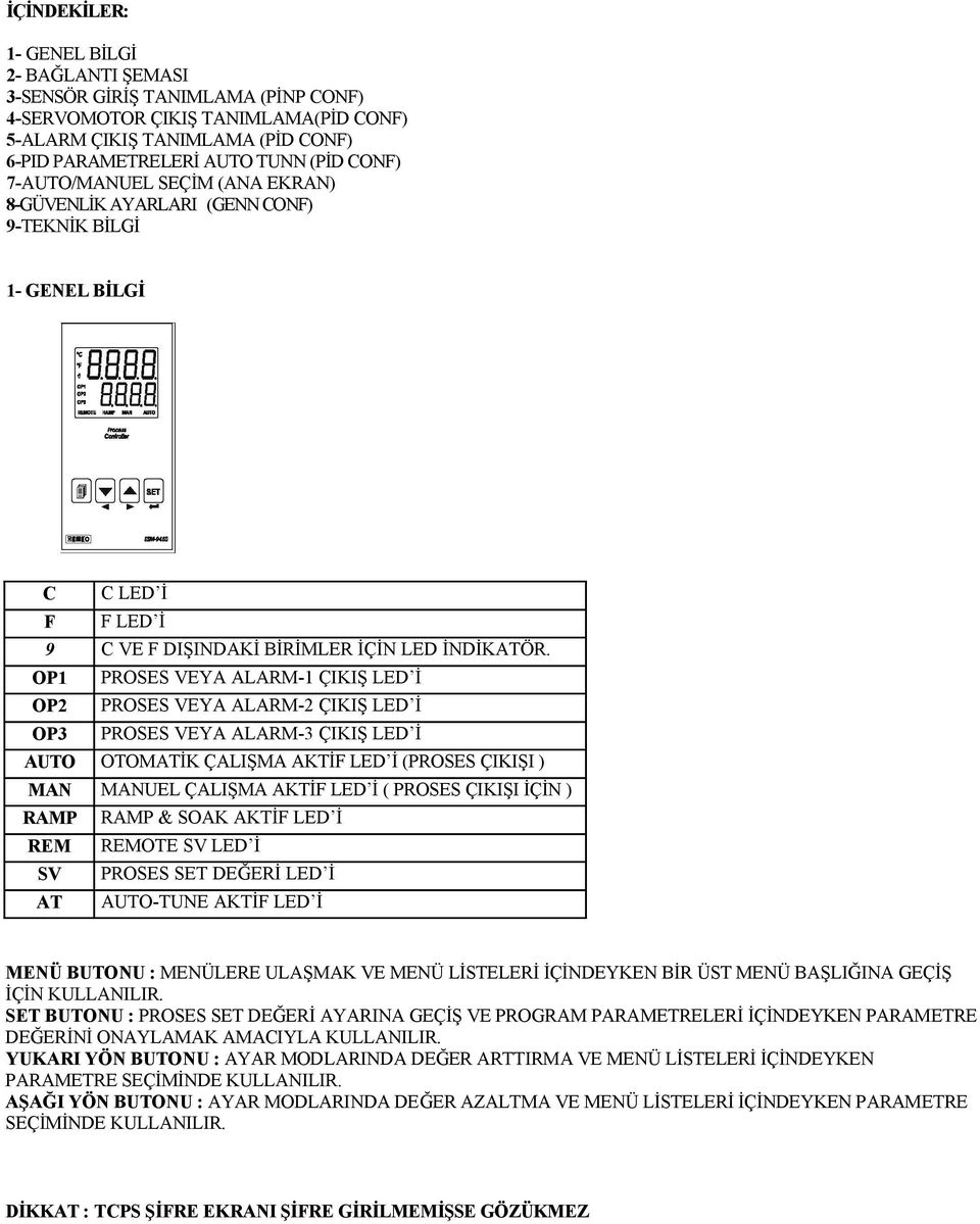 OP1 PROSES VEYA ALARM-1 ÇIKIŞ LED İ OP2 PROSES VEYA ALARM-2 ÇIKIŞ LED İ OP3 PROSES VEYA ALARM-3 ÇIKIŞ LED İ AUTO OTOMATİK ÇALIŞMA AKTİF LED İ (PROSES ÇIKIŞI ) MAN MANUEL ÇALIŞMA AKTİF LED İ ( PROSES