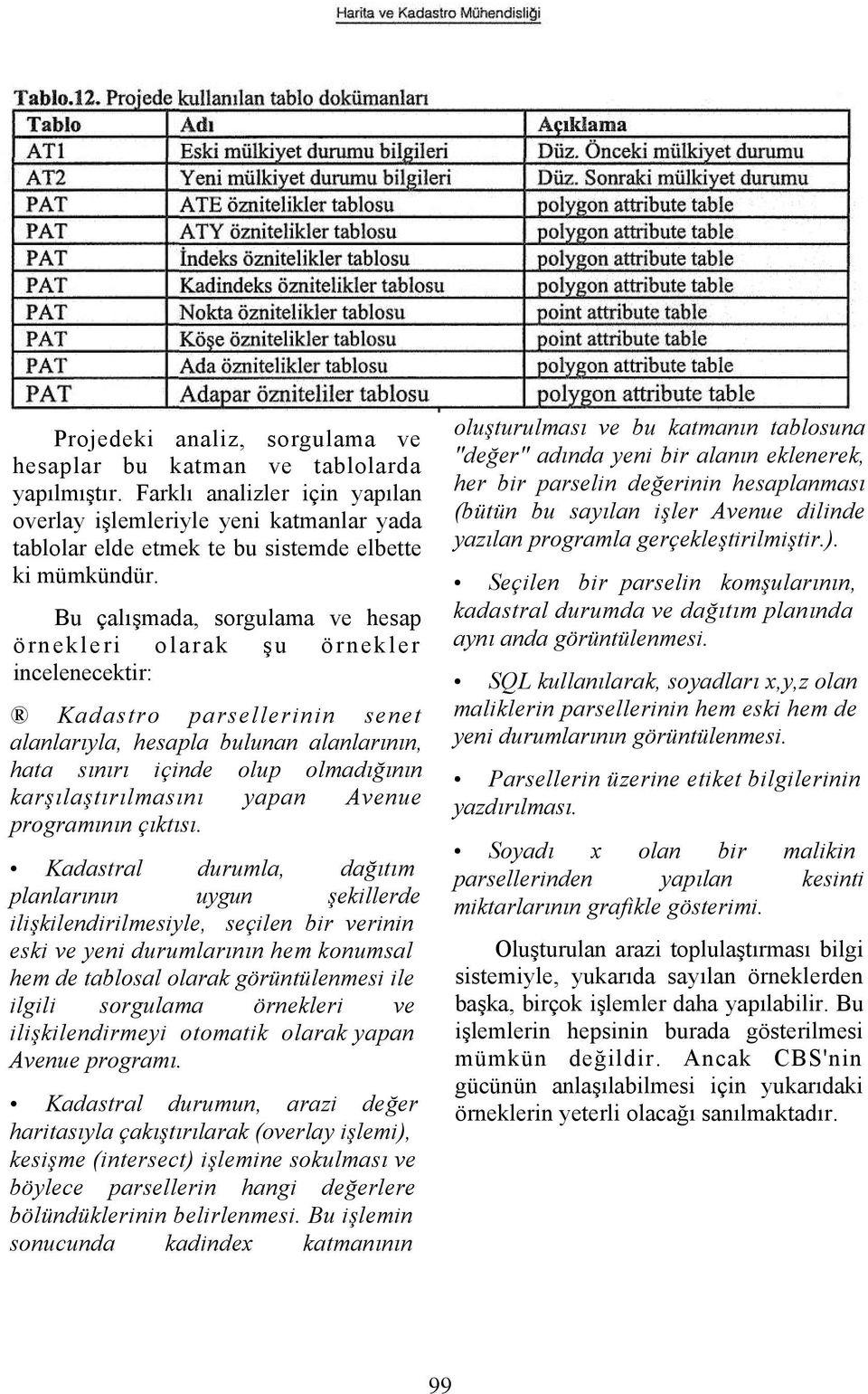 Bu çalışmada, sorgulama ve hesap örnekleri olarak şu örnekler incelenecektir: Kadastro parsellerinin senet alanlarıyla, hesapla bulunan alanlarının, hata sınırı içinde olup olmadığının