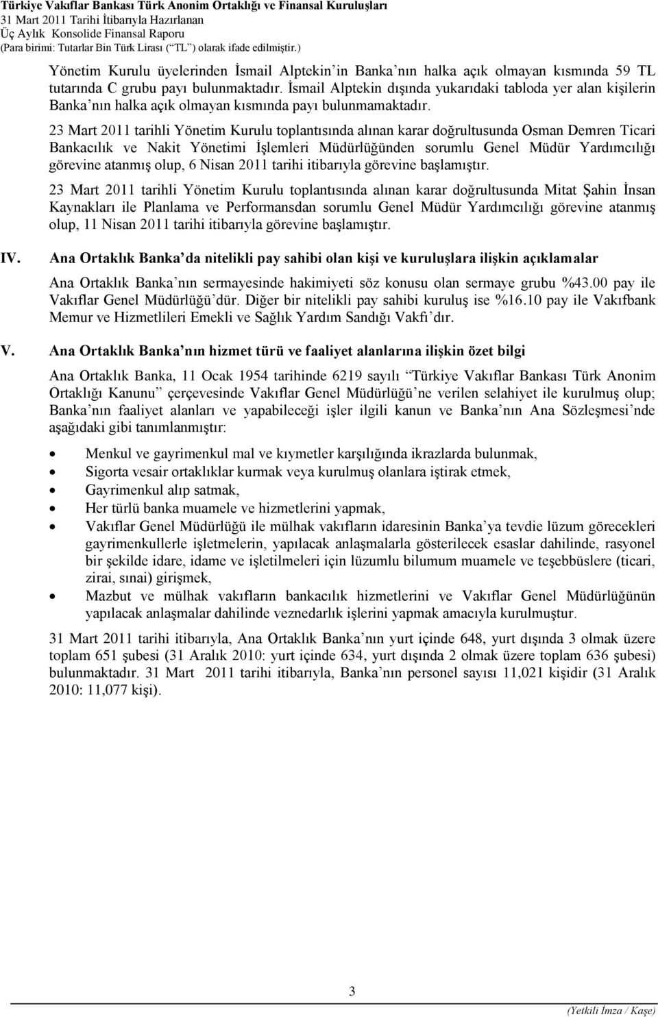 23 Mart 2011 tarihli Yönetim Kurulu toplantısında alınan karar doğrultusunda Osman Demren Ticari Bankacılık ve Nakit Yönetimi İşlemleri Müdürlüğünden sorumlu Genel Müdür Yardımcılığı görevine atanmış