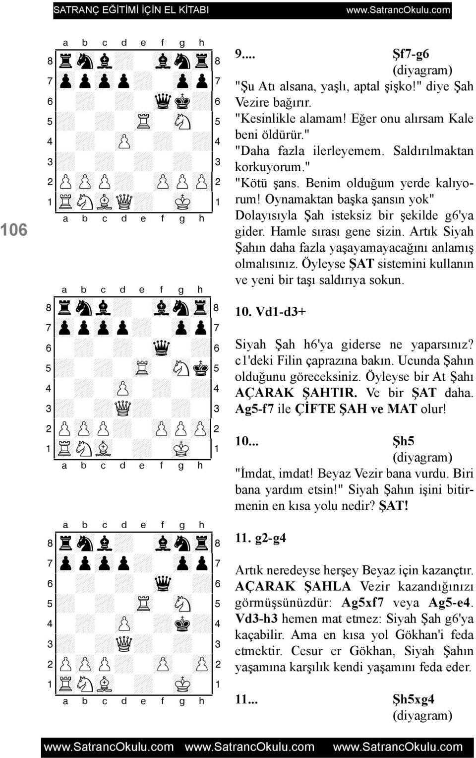 8rsnl+-vlntr( 7zppzpp+-zpp' 6-+-+-wq-+& 5+-+-tR-sN-% 4-+-zP-+k+$ 3+-+Q+-+-# 2PzPP+-zP-zP" 1tRNvL-+-mK-! 9... Þf7-g6 "Þu Atý alsana, yaþlý, aptal þiþko!" diye Þah Vezire baðýrýr. "Kesinlikle alamam!