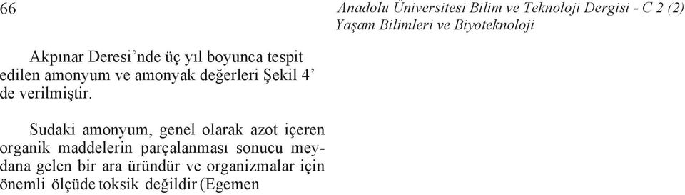 EC Direktiflerine göre amonyum (NH 4 ) değerinin sularda Salmonidler ve Cyprinidler için 1 mg/l ve aşağı değerlerde olması gerektiği bildirilmiştir.