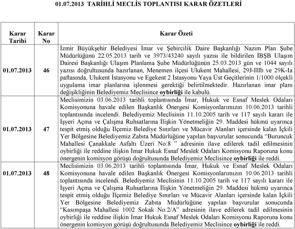 2013 gün ve 1044 sayılı yazısı doğrultusunda hazırlanan, Menemen ilçesi Ulukent Mahallesi, 29J-IIIb ve 29K-Ia paftasında, Ulukent İstasyonu ve Egekent 2 İstasyonu Yaya Üst Geçitlerinin 1/1000 ölçekli