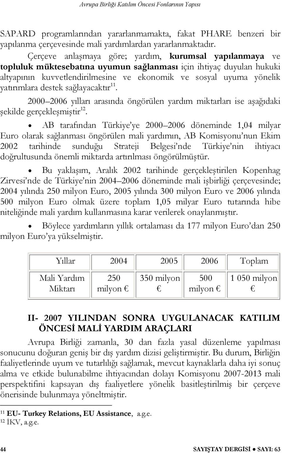 yatırımlara destek sağlayacaktır 11. 2000 2006 yılları arasında öngörülen yardım miktarları ise aşağıdaki şekilde gerçekleşmiştir 12.