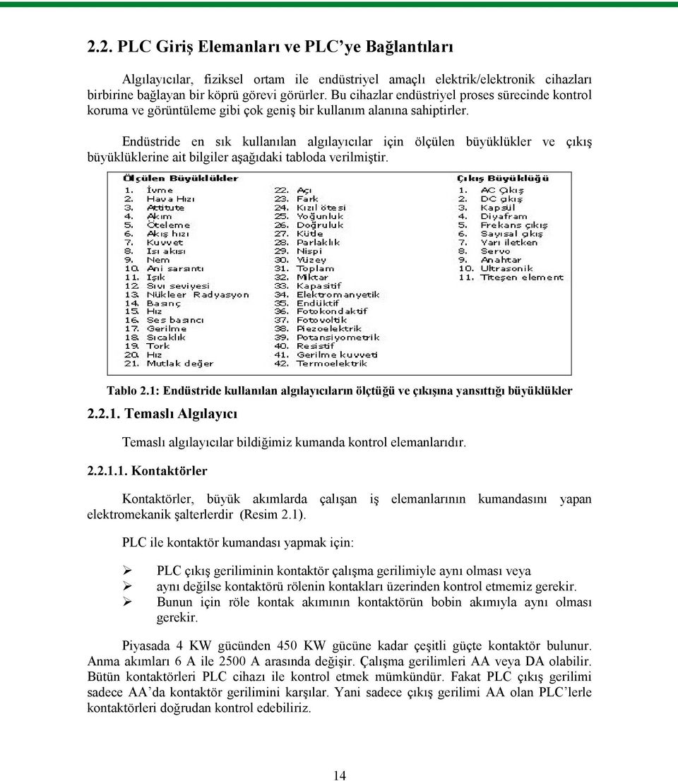 Endüstride en sık kullanılan algılayıcılar için ölçülen büyüklükler ve çıkış büyüklüklerine ait bilgiler aşağıdaki tabloda verilmiştir. Tablo 2.