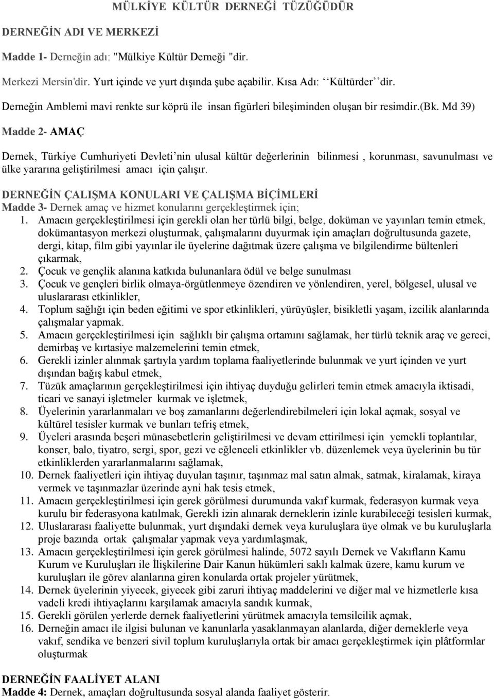 Md 39) Madde 2- AMAÇ Dernek, Türkiye Cumhuriyeti Devleti nin ulusal kültür değerlerinin bilinmesi, korunması, savunulması ve ülke yararına geliştirilmesi amacı için çalışır.