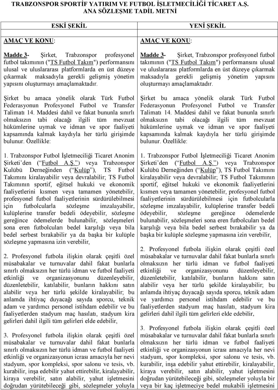 ANA SÖZLEġME TADĠL METNĠ AMAÇ VE KONU: ESKĠ ġekġl Madde 3- Şirket, Trabzonspor profesyonel futbol takımının ("TS Futbol Takım") performansını ulusal ve uluslararası platformlarda en üst düzeye