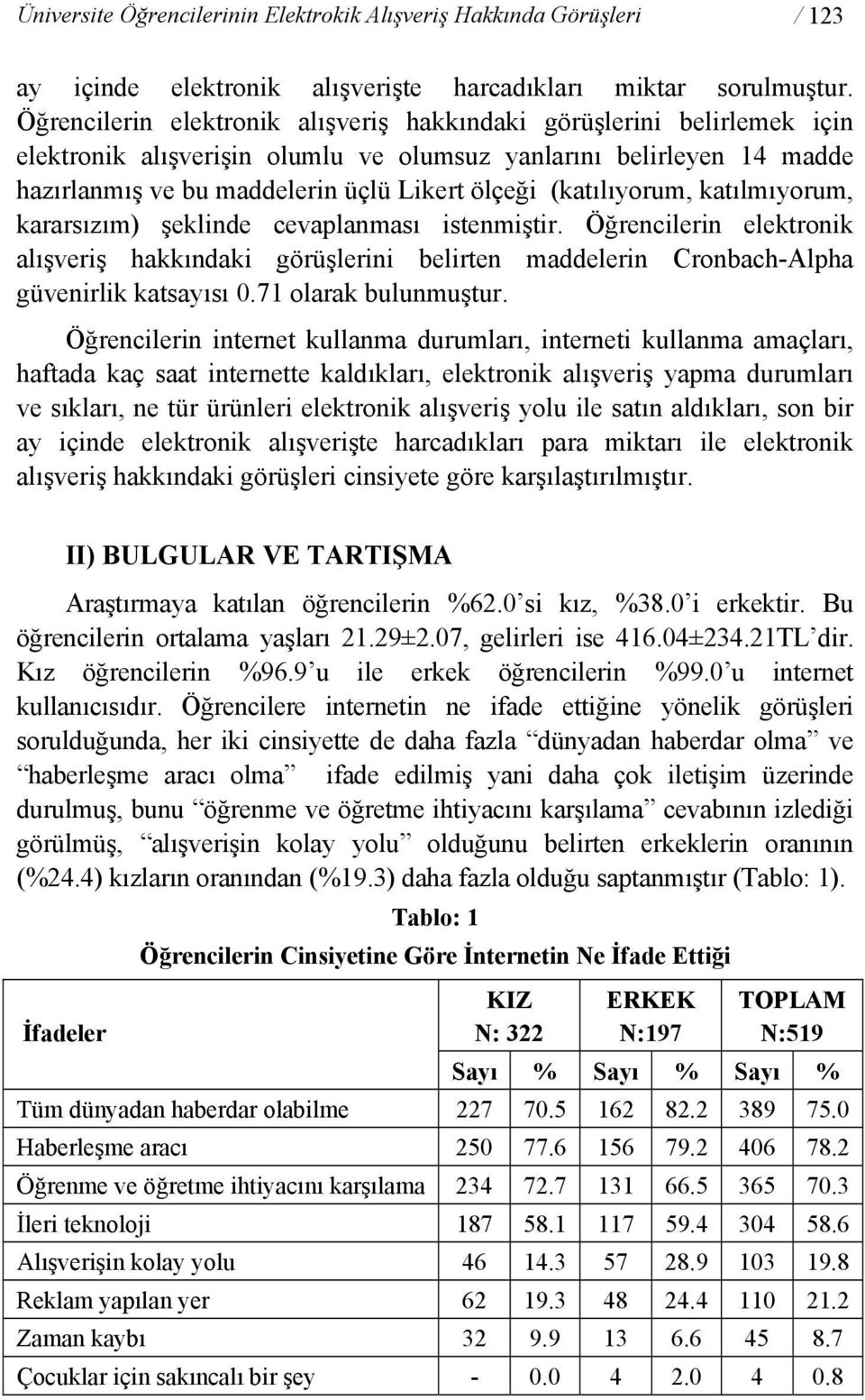 (katılıyorum, katılmıyorum, kararsızım) şeklinde cevaplanması istenmiştir. Öğrencilerin elektronik alışveriş hakkındaki görüşlerini belirten maddelerin Cronbach-Alpha güvenirlik katsayısı 0.