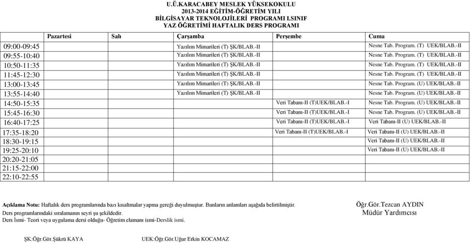 -I Nesne Tab. Program. (U) UEK/BLAB.-II Veri Tabanı-II (T)UEK/BLAB.-I Veri Tabanı-II (U) UEK/BLAB.-II 17:35-18:20 Veri Tabanı-II (T)UEK/BLAB.-I Veri Tabanı-II (U) UEK/BLAB.-II 18:30-19:15 Veri Tabanı-II (U) UEK/BLAB.