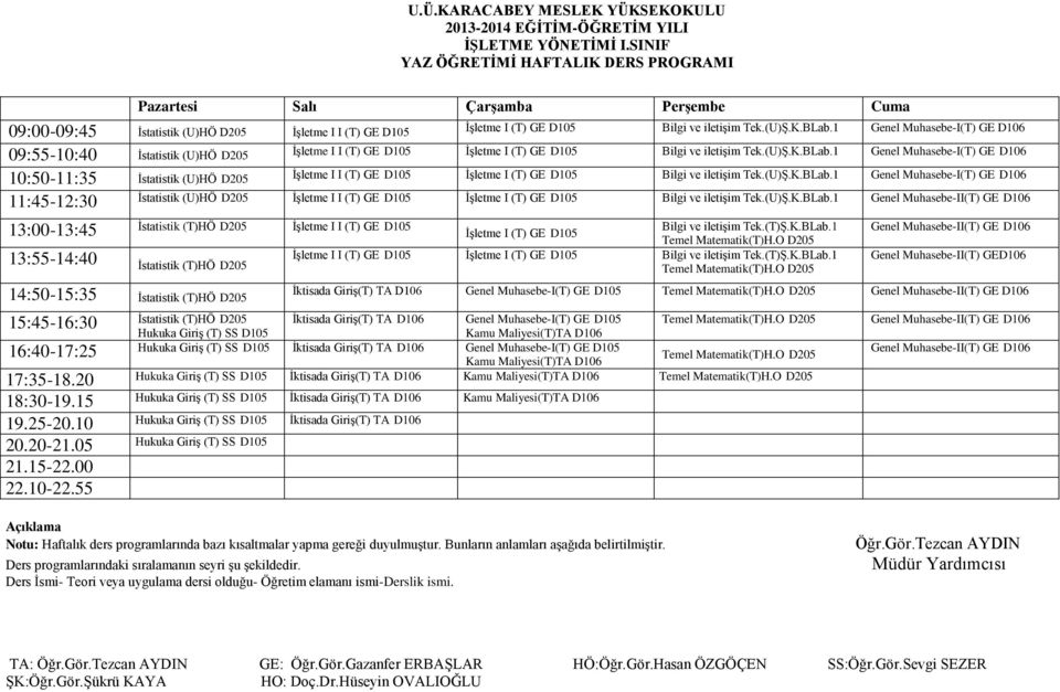 1 İstatistik (T)HÖ D205 İşletme I I (T) GE D105 Bilgi ve iletişim Tek.(T)Ş.K.BLab.