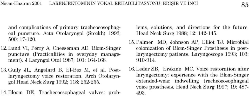 Postlaryngectomy voice restoration. Arch Otolaryngol Head Neck Surg 1992; 118: 252-255. 14. Bloom DE. Tracheooesophageal valves: problems, solutions, and directions for the future.