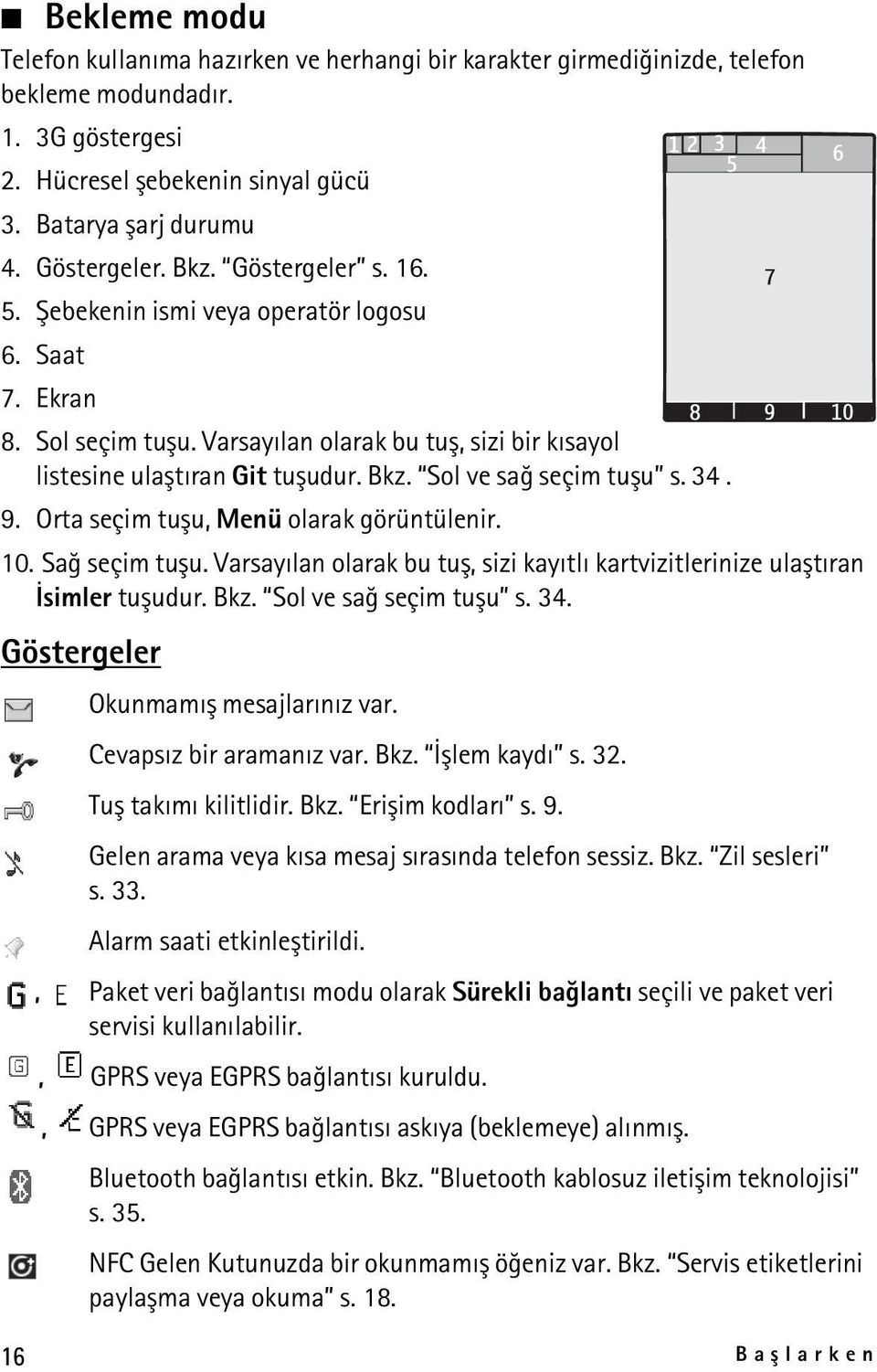 Sol ve sað seçim tuþu s. 34. 9. Orta seçim tuþu, Menü olarak görüntülenir. 10. Sað seçim tuþu. Varsayýlan olarak bu tuþ, sizi kayýtlý kartvizitlerinize ulaþtýran Ýsimler tuþudur. Bkz.