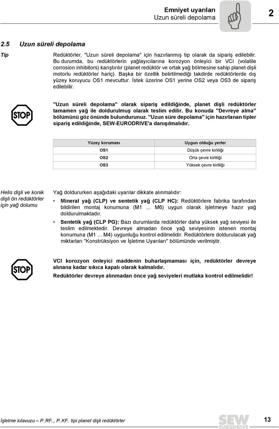 hariç). Başka bir özellik belirtilmediği takdirde redüktörlerde dış yüzey koruyucu OS1 mevcuttur. İstek üzerine OS1 yerine OS2 veya OS3 de sipariş edilebilir.