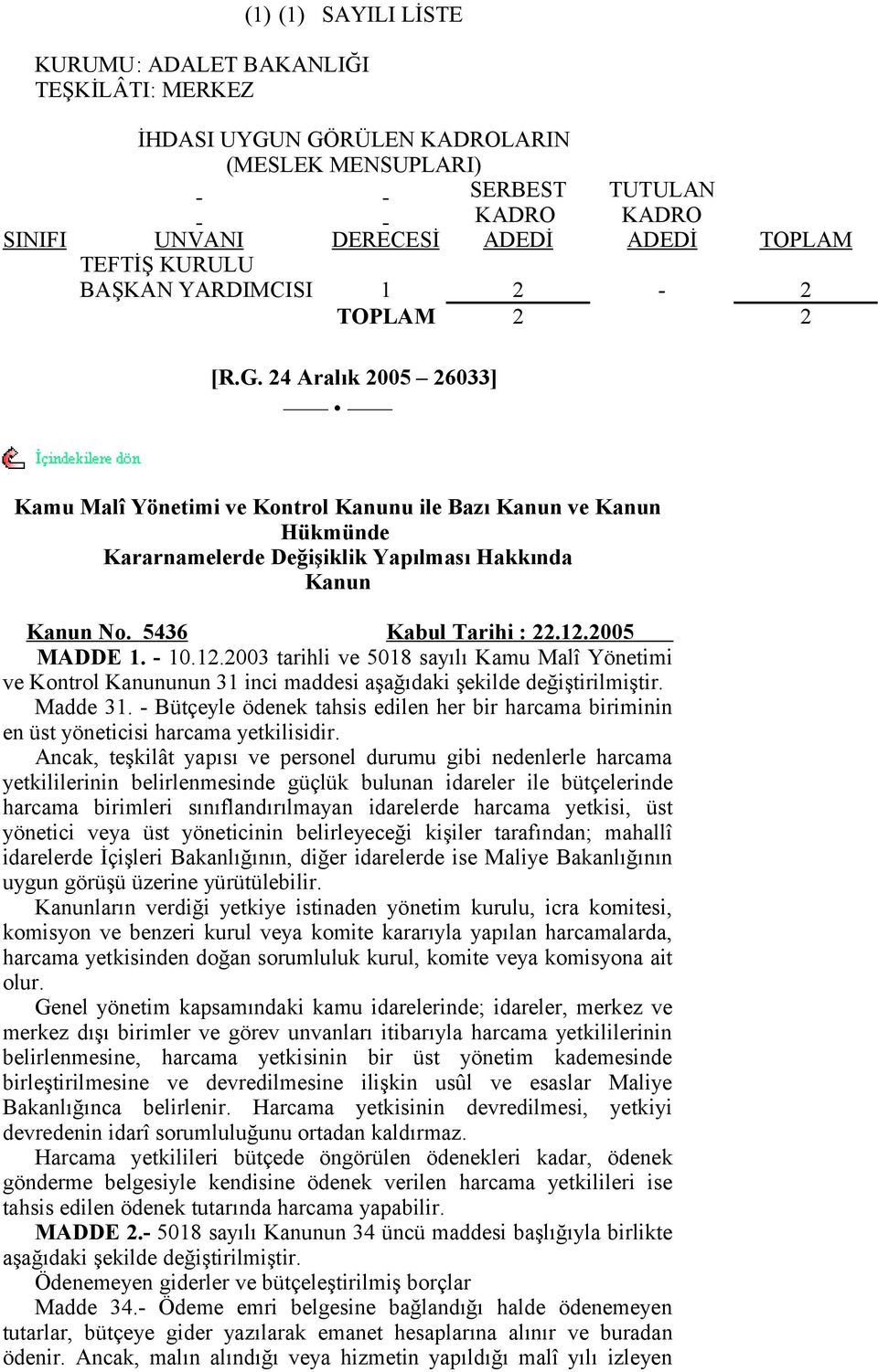 5436 Kabul Tarihi : 22.12.2005 MADDE 1. - 10.12.2003 tarihli ve 5018 sayılı Kamu Malî Yönetimi ve Kontrol Kanununun 31 inci maddesi aşağıdaki şekilde değiştirilmiştir. Madde 31.