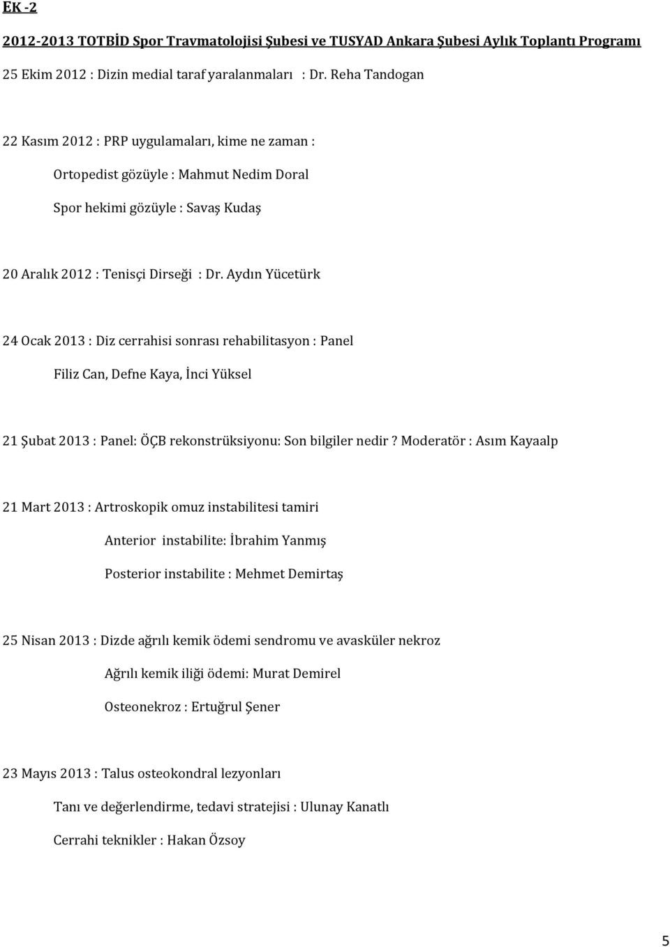 Aydın Yücetürk 24 Ocak 2013 : Diz cerrahisi sonrası rehabilitasyon : Panel Filiz Can, Defne Kaya, İnci Yüksel 21 Şubat 2013 : Panel: ÖÇB rekonstrüksiyonu: Son bilgiler nedir?