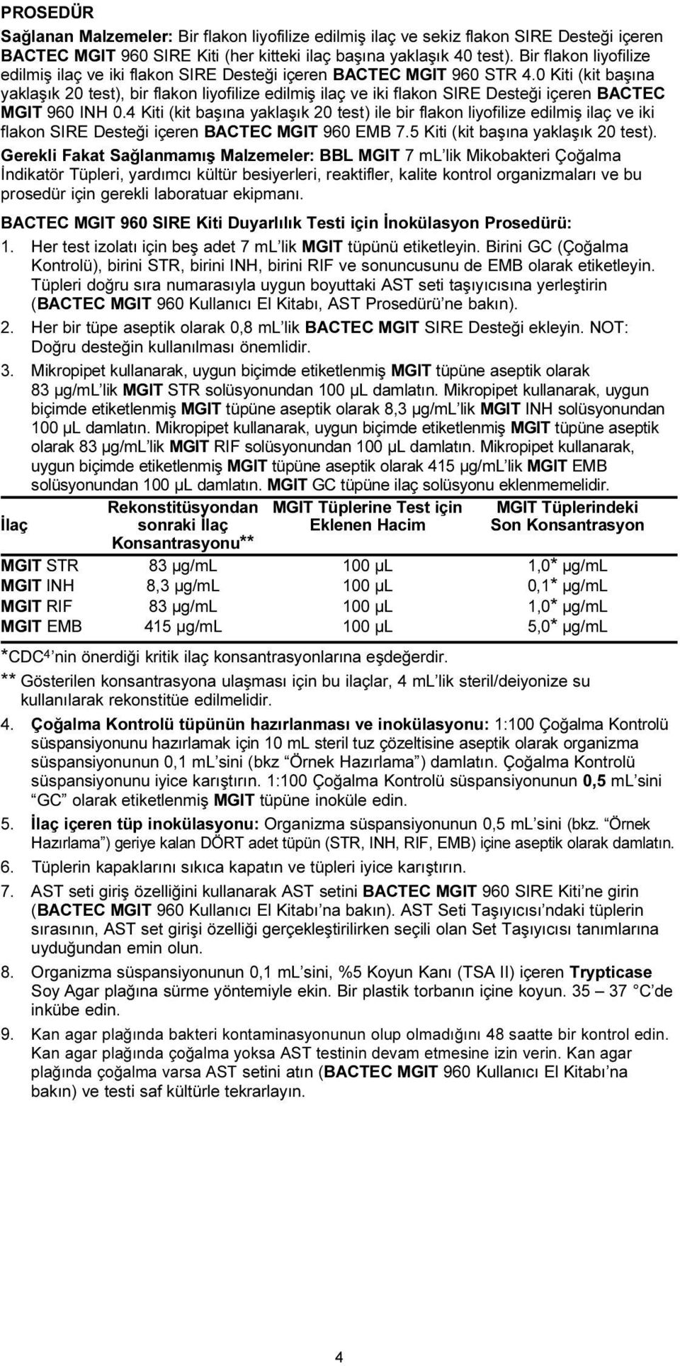 (kit baþýna yaklaþýk 20 test) ile bir flakon liyofilize edilmiþ ilaç ve iki flakon SIRE Desteði içeren BACTEC MGIT 960 EMB 7 5 Kiti (kit baþýna yaklaþýk 20 test) Gerekli Fakat Saðlanmamýþ Malzemeler: