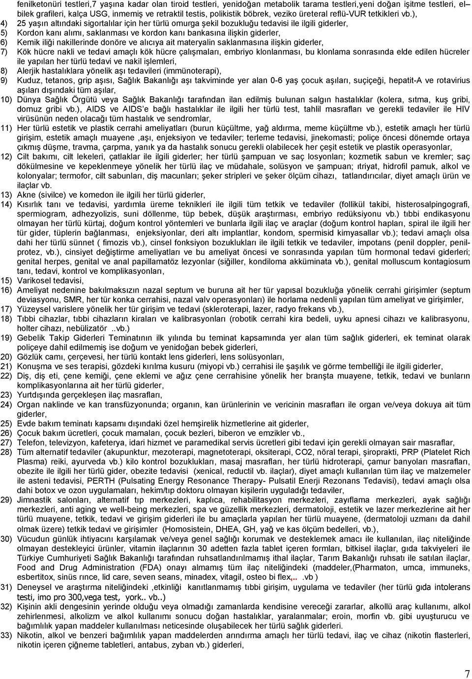 ), 4) 25 yaşın altındaki sigortalılar için her türlü omurga şekil bozukluğu tedavisi ile ilgili giderler, 5) Kordon kanı alımı, saklanması ve kordon kanı bankasına ilişkin giderler, 6) Kemik iliği