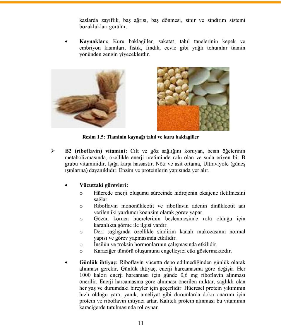 5: Tiaminin kaynağı tahıl ve kuru baklagiller B2 (riboflavin) vitamini: Cilt ve göz sağlığını koruyan, besin öğelerinin metabolizmasında, özellikle enerji üretiminde rolü olan ve suda eriyen bir B