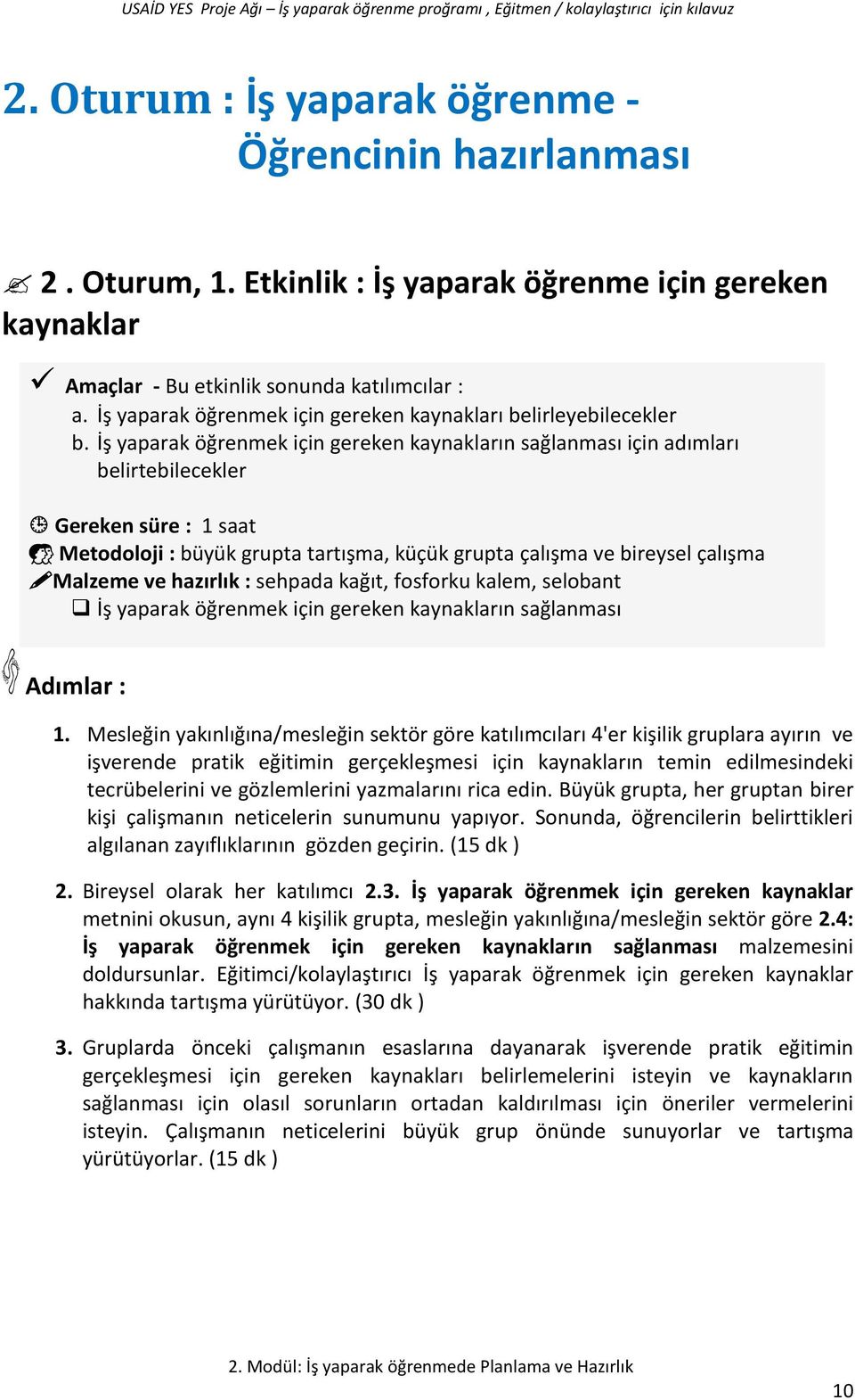 İş yaparak öğrenmek için gereken kaynakların sağlanması için adımları belirtebilecekler Gereken süre : 1 saat Metodoloji : büyük grupta tartışma, küçük grupta çalışma ve bireysel çalışma Malzeme ve