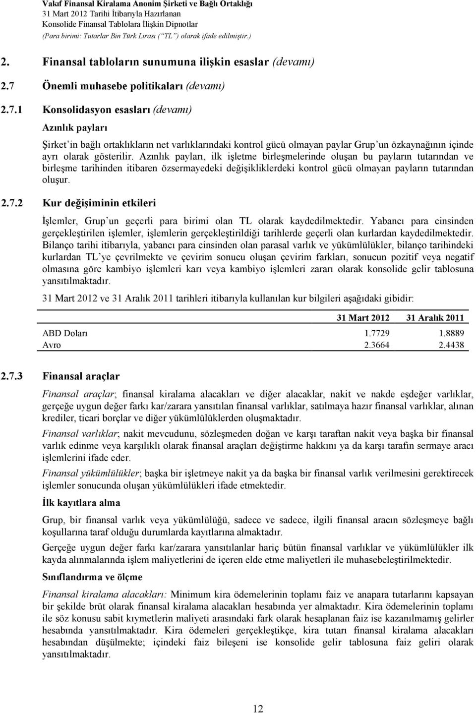 1 Konsolidasyon esasları (devamı) Azınlık payları Şirket in bağlı ortaklıkların net varlıklarındaki kontrol gücü olmayan paylar Grup un özkaynağının içinde ayrı olarak gösterilir.