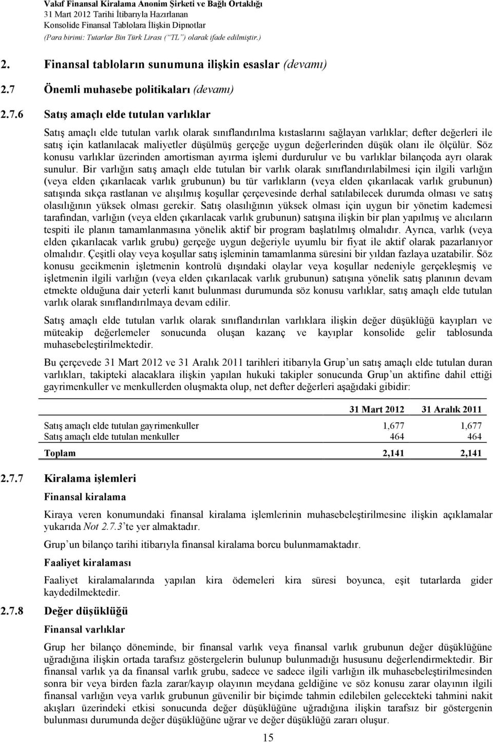 6 Satış amaçlı elde tutulan varlıklar Satış amaçlı elde tutulan varlık olarak sınıflandırılma kıstaslarını sağlayan varlıklar; defter değerleri ile satış için katlanılacak maliyetler düşülmüş gerçeğe