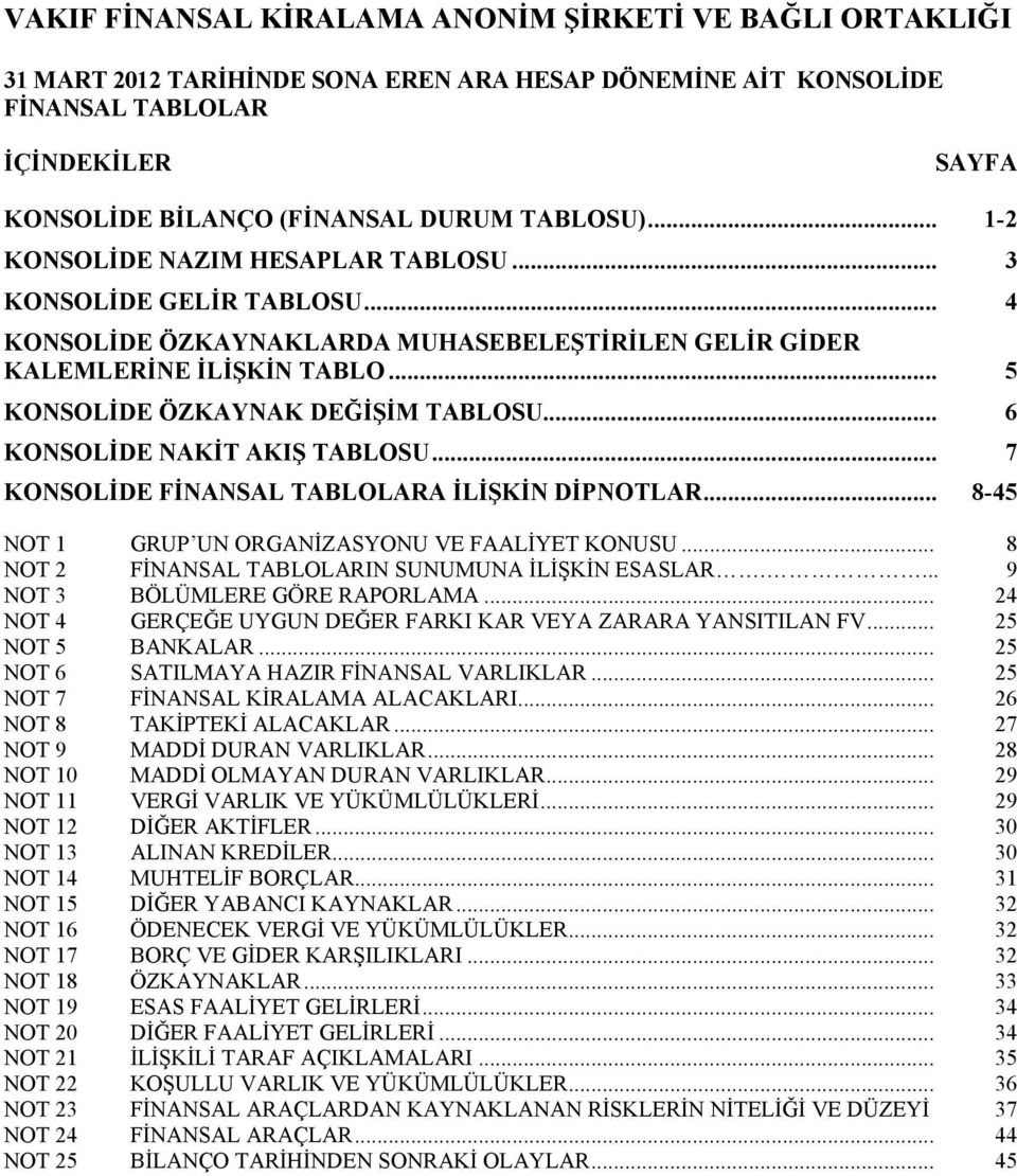 .. 5 KONSOLĐDE ÖZKAYNAK DEĞĐŞĐM TABLOSU... 6 KONSOLĐDE NAKĐT AKIŞ TABLOSU... 7 KONSOLĐDE FĐNANSAL TABLOLARA ĐLĐŞKĐN DĐPNOTLAR... 8-45 NOT 1 GRUP UN ORGANĐZASYONU VE FAALĐYET KONUSU.