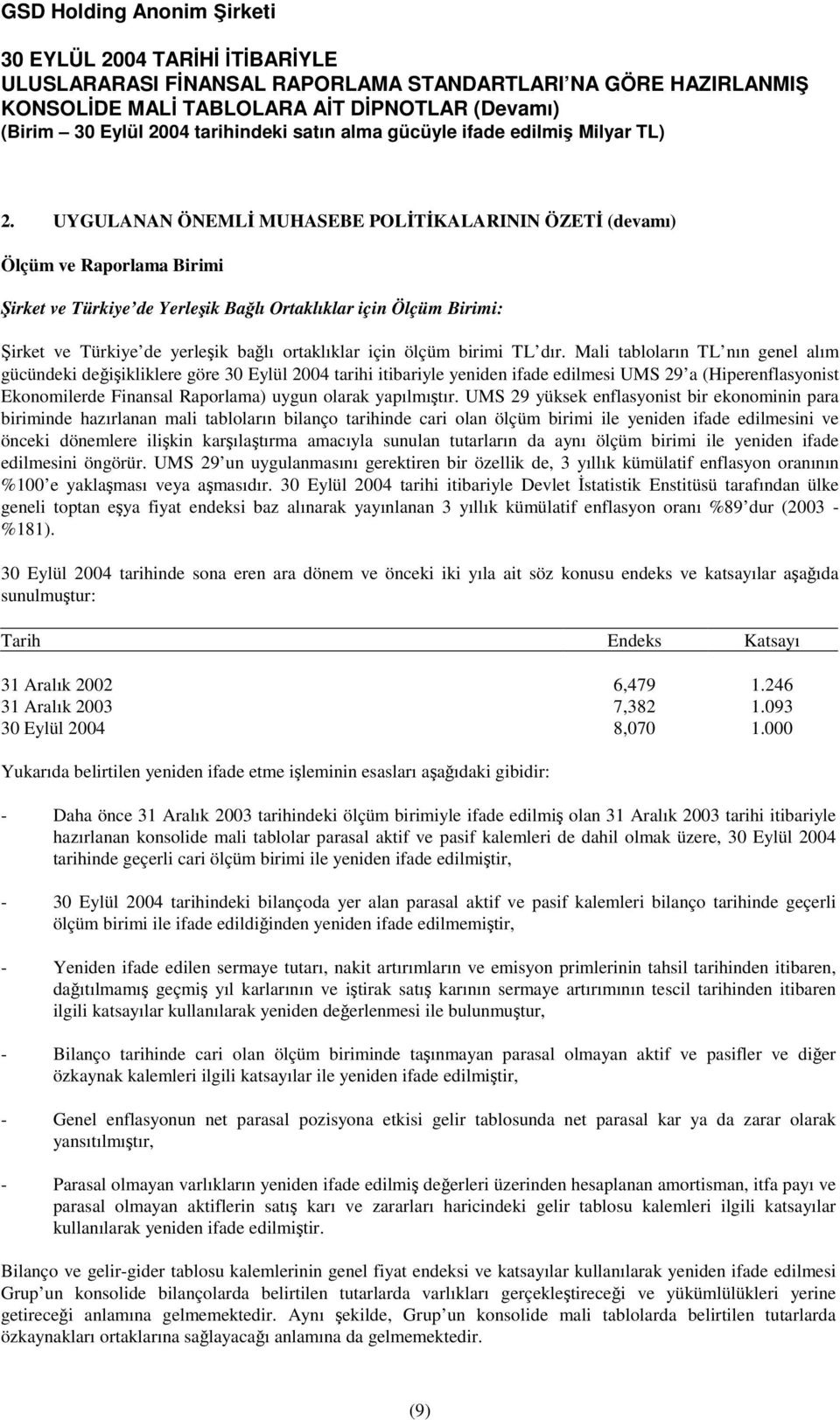 Mali tabloların TL nın genel alım gücündeki deiikliklere göre 30 Eylül 2004 tarihi itibariyle yeniden ifade edilmesi UMS 29 a (Hiperenflasyonist Ekonomilerde Finansal Raporlama) uygun olarak